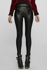 Black Hollow Embroidery Slim Faux Leather Women's Gothic Leggings